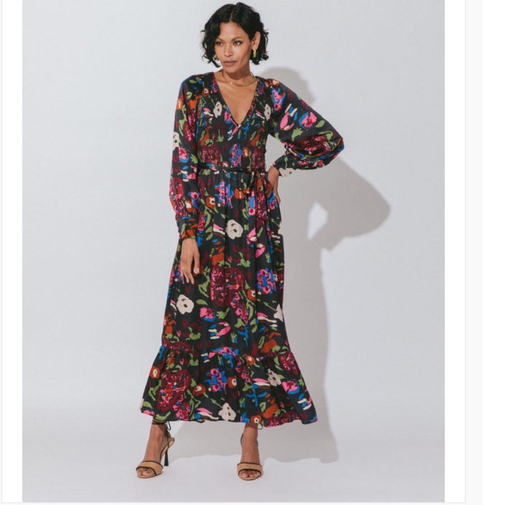 $298 Cleobella Juliette Ankle Dress Garden Floral Smocked V-Neck Maxi XS